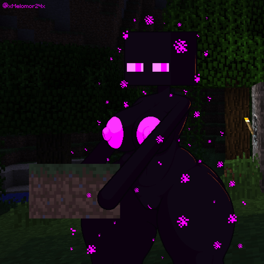 areola big_butt black_body breasts butt digital_media_(artwork) enderman female front_view genitals grass hi_res holding_object humanoid melomor microsoft minecraft mojang nude outside particles pixel_(artwork) plant purple_areola purple_eyes purple_sclera pussy sand solo standing thick_thighs torch tree water xbox_game_studios
