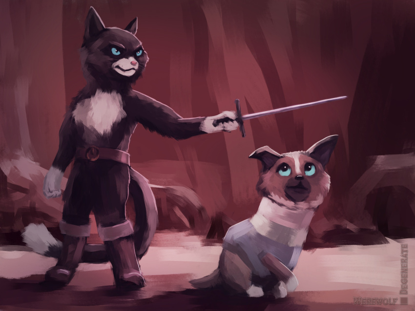 ambiguous_gender anthro belly belt black_body black_fur black_nose blue_eyes boots brown_body brown_fur canid canine canis cave clothed clothing detailed_background digital_media_(artwork) digital_painting_(artwork) dipstick_tail domestic_cat domestic_dog dreamworks duo english_text felid feline felis female feral footwear fur hi_res holding_object holding_sword holding_weapon kitty_softpaws looking_at_another male mammal markings melee_weapon multicolored_body multicolored_fur outside perrito_(puss_in_boots) pink_nose puss_in_boots_(dreamworks) quadruped siamese signature standing sword tail tail_markings text toy_dog tuxedo_cat two_tone_body two_tone_fur weapon werewolfdegenerate whiskers white_belly white_body white_fur