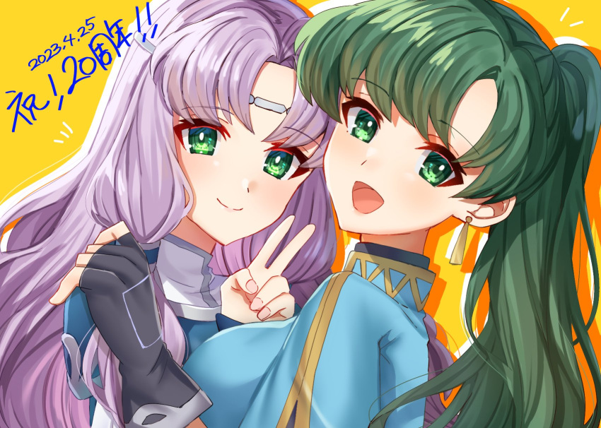 1girl black_gloves blue_hair breasts circlet dated earrings edamameoka fingerless_gloves fire_emblem fire_emblem:_the_blazing_blade florina_(fire_emblem) gloves green_eyes green_hair hand_on_another's_shoulder high_ponytail highres jewelry light_blue_hair looking_at_viewer low_tied_sidelocks lyn_(fire_emblem) medium_breasts open_mouth parted_bangs signature smile v