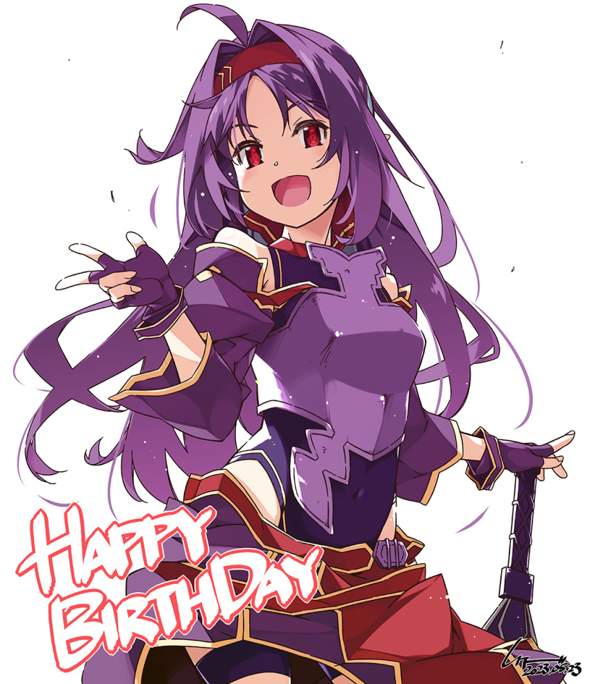 1girl covered_navel cowboy_shot detached_sleeves english_text fingerless_gloves fingernails gloves hair_intakes hairband happy_birthday highres leotard light_blush long_fingernails long_hair looking_at_another mixed-language_commentary planted purple_gloves purple_hair purple_leotard red_eyes red_hairband shikei smile solo sword sword_art_online v weapon white_background yuuki_(sao)
