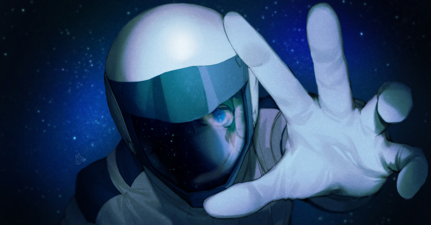 1boy blue_eyes bodysuit commentary_request foreshortening gundam highres kamille_bidan looking_at_viewer male_focus open_hand outstretched_arm pilot_helmet pilot_suit reaching reaching_towards_viewer solo space space_helmet spacesuit star_(sky) upper_body ususio_11 white_bodysuit zeta_gundam