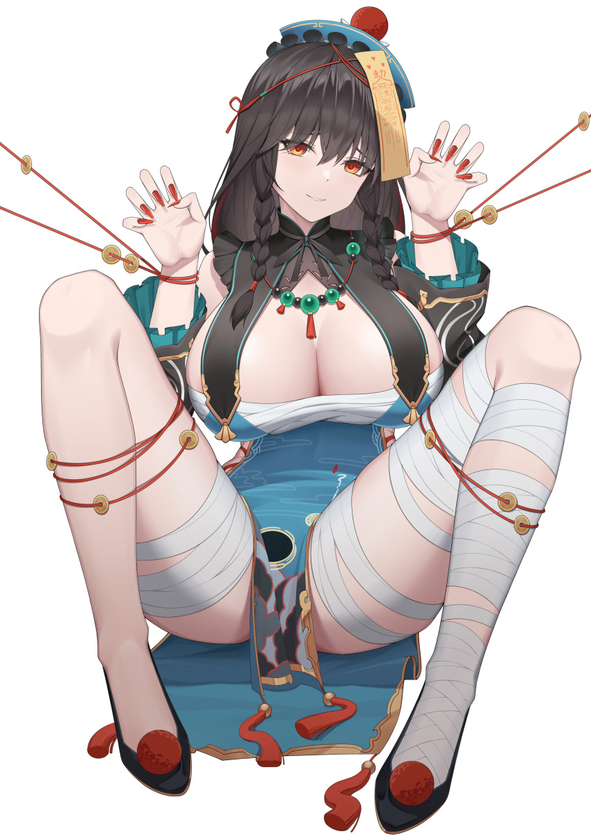 1girl absurdres aether_gazer babing2023 bandaged_leg bandages black_footwear black_hair breast_curtain breasts chest_sarashi cleavage coin coin_on_string detached_sleeves dress hat highres jewelry jiangshi_costume large_breasts lingguang_(aether_gazer) looking_at_viewer ofuda_on_head orange_eyes pelvic_curtain sarashi smile solo spread_legs tassel