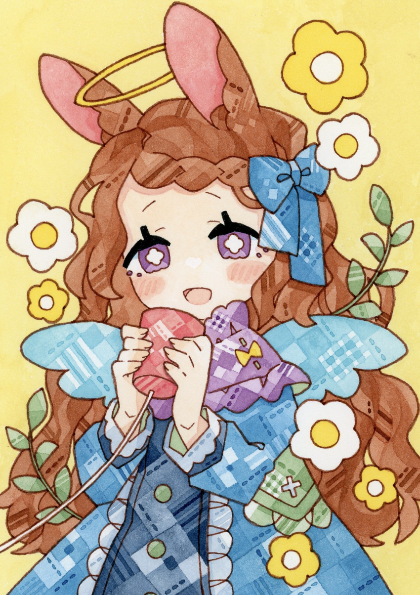 1girl absurdres angel angel_wings animal_ears blue_dress blue_ribbon blue_wings blush bright_pupils brown_hair buttons commentary_request dress flower flower-shaped_pupils frilled_dress frilled_scarf frills hair_ribbon halo highres holding long_hair long_sleeves looking_at_viewer lupin_strawberry open_mouth original painting_(medium) purple_eyes purple_scarf rabbit_ears ribbon scarf simple_background smile standing string_phone symbol-shaped_pupils traditional_media upper_body watercolor_(medium) wavy_hair white_flower white_pupils wings yellow_background yellow_flower