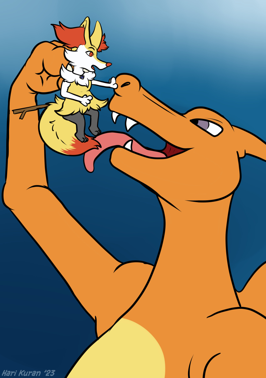 absurd_res braixen charizard food generation_1_pokemon generation_6_pokemon harikuran hi_res macro micro nintendo oral-vore pokemon pokemon_(species) size_difference snack tongue vore