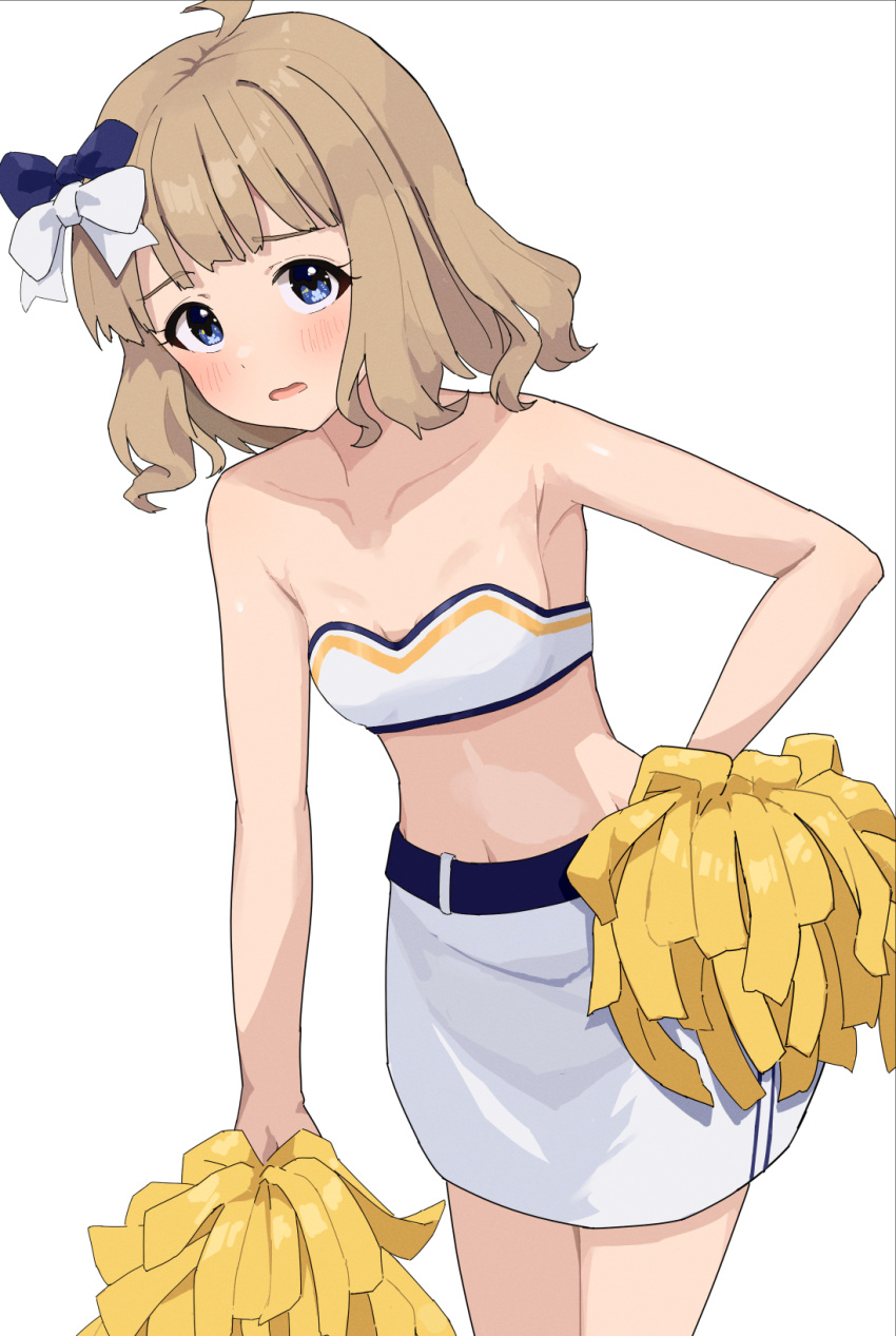 1girl ahoge armpits bare_shoulders belt belted_skirt blue_belt blue_bow blue_eyes blush bow breasts cheerleader collarbone commentary_request cowboy_shot crop_top ebifu hair_bow hand_on_own_hip highres idolmaster idolmaster_million_live! light_brown_hair looking_at_viewer navel open_mouth pom_pom_(cheerleading) shirt short_hair sidelocks skirt small_breasts solo stomach suou_momoko thighs wavy_hair wavy_mouth white_background white_bow white_shirt white_skirt