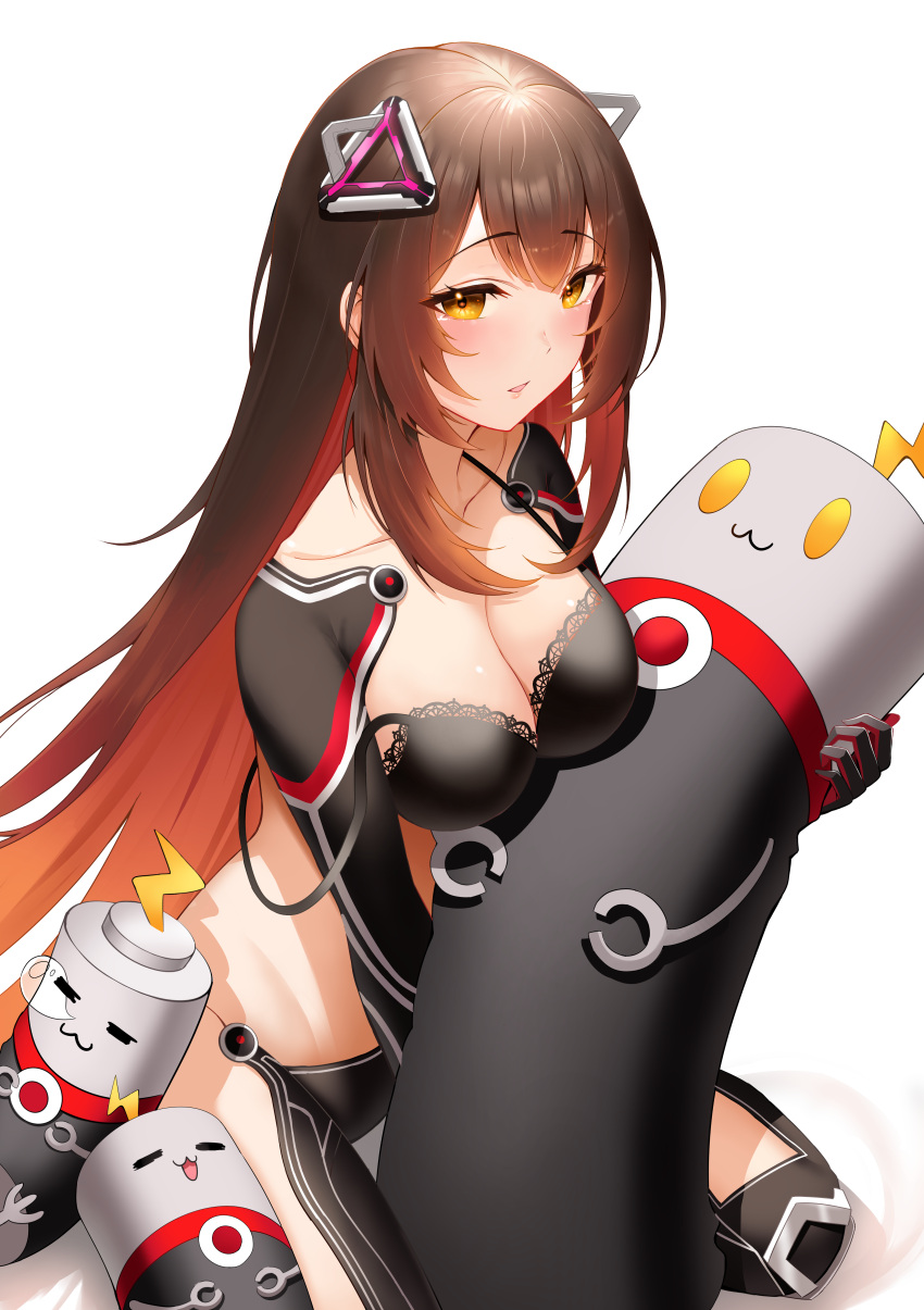 1girl absurdres android bare_shoulders blush breasts brown_hair cleavage collarbone gloves gradient_hair hair_between_eyes hair_ornament highres holding hololive long_hair looking_at_viewer mechanical_arms mechanical_legs medium_breasts multicolored_hair parted_lips roboco-san robosaa_(roboco) roina_(effj7473) sitting solo virtual_youtuber wariza yellow_eyes