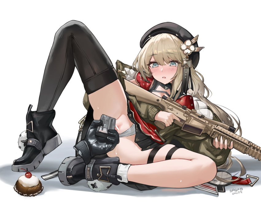 1girl 1other absurdres beret blue_eyes blush brown_hair character_request cherry dress fingering food fruit girls'_frontline gloves gun hair_ornament hat highres long_hair pussy sawkm single_thighhigh skirt socks solo spread_legs sweat thigh_strap thighhighs thighs weapon