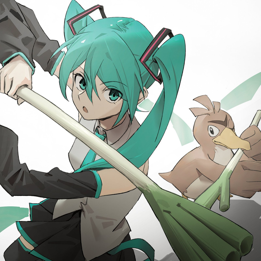 1girl :o aqua_eyes aqua_hair aqua_necktie bare_shoulders beak bird black_skirt black_sleeves black_thighhighs brown_bird commentary cowboy_shot detached_sleeves farfetch'd fighting_stance food grey_shirt hair_ornament hatsune_miku highres holding holding_food holding_spring_onion holding_vegetable long_hair looking_at_viewer miniskirt necktie one_eye_closed open_mouth pleated_skirt pokemon pokemon_(creature) redrawn shirt skirt sleeveless sleeveless_shirt solo spring_onion thighhighs twintails vegetable very_long_hair vocaloid white_background wounds404