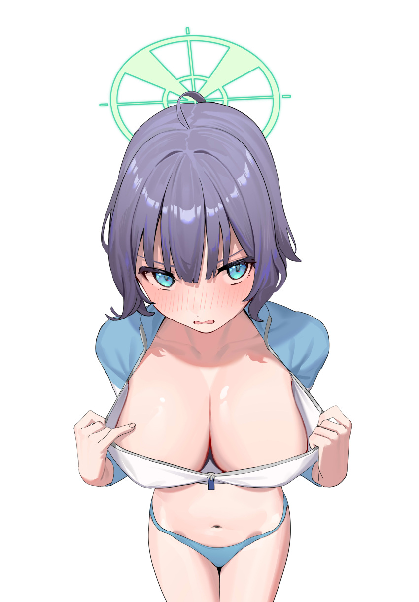 1girl absurdres aqua_eyes bikini bikini_bottom_only blue_archive blue_bikini blush breasts cleavage clothes_pull collarbone cowboy_shot doufu_(pixiv9093484) downblouse from_above full-face_blush green_halo halo highres jacket jitome large_breasts looking_to_the_side medium_hair multicolored_clothes multicolored_jacket navel official_alternate_costume open_mouth purple_hair raglan_sleeves rash_guard saki_(blue_archive) saki_(swimsuit)_(blue_archive) shirt_pull simple_background solo stomach swimsuit two-tone_jacket white_background