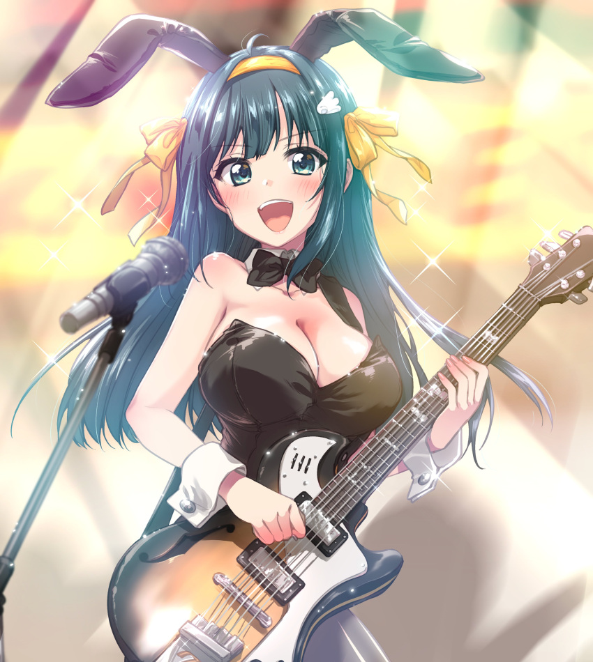 1girl :d absurdres ahoge amano_nene_(vtuber) animal_ears black_bow black_bowtie black_hair black_leotard blush bow bowtie breasts cleavage commentary cosplay detached_collar english_commentary fake_animal_ears god_knows... green_eyes guitar hair_ribbon hairband highres holding holding_instrument instrument kuroi_mimei large_breasts leotard long_hair microphone microphone_stand music open_mouth playboy_bunny production_kawaii rabbit_ears ribbon second-party_source sidelocks singing smile solo sparkle suzumiya_haruhi suzumiya_haruhi_(cosplay) suzumiya_haruhi_no_yuuutsu teeth upper_teeth_only virtual_youtuber wing_hair_ornament wrist_cuffs yellow_hairband yellow_ribbon