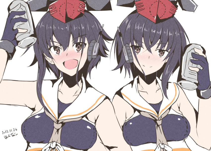 1girl artist_name beer_can black_hair blush brown_eyes brown_neckerchief can commentary_request dated framed_breasts green_background headgear holding holding_can i-13_(kancolle) i-14_(kancolle) kantai_collection looking_at_viewer neckerchief open_mouth portrait sailor_collar shirt short_hair simple_background sleeveless sleeveless_shirt smile solo taira_yuuki white_background white_sailor_collar