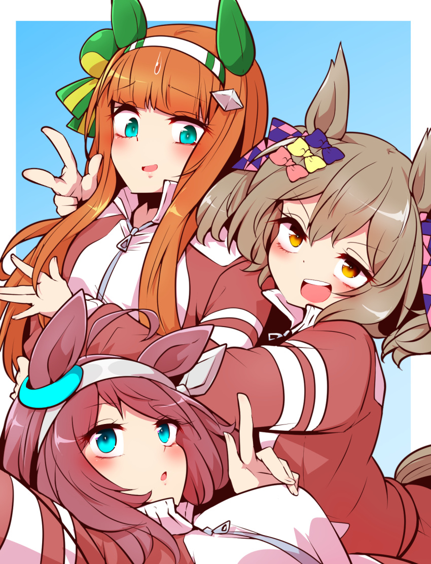 3girls ahoge animal_ears aqua_eyes blue_background blunt_bangs bow brown_hair checkered_bow checkered_clothes commentary ear_covers ear_ornament gradient_background grey_hairband hair_between_eyes hair_bow hair_ornament hairband highres hime_cut horse_ears horse_girl index_finger_raised jacket long_hair mihono_bourbon_(umamusume) multiple_girls multiple_hair_bows nigekiri_sisters_(umamusume) open_mouth orange_eyes orange_hair outside_border pink_bow purple_bow red_jacket sidelocks silence_suzuka_(umamusume) smart_falcon_(umamusume) striped striped_hairband tail track_jacket twintails umamusume upper_body v white_hairband yellow_bow yonedatomo_mizu zipper zipper_pull_tab