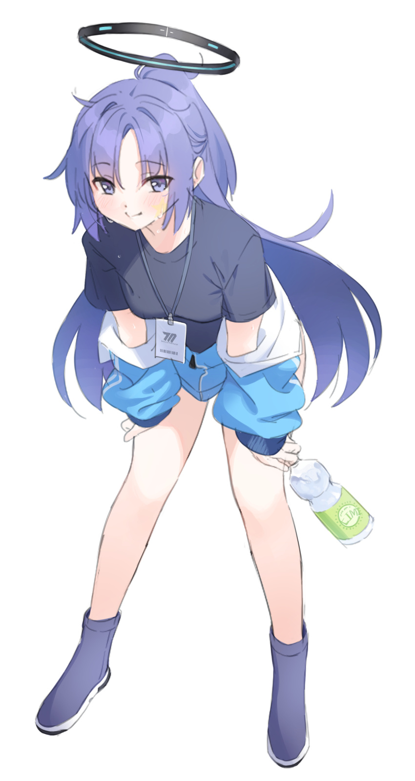 1girl absurdres black_shirt blue_archive blue_eyes blue_jacket blush bottle breasts full_body halo highres holding holding_bottle jacket joker_(tomakin524) leaning_forward long_hair looking_at_viewer medium_breasts off_shoulder ponytail purple_hair shirt shoes simple_background solo standing sweat water_bottle white_background yuuka_(blue_archive) yuuka_(track)_(blue_archive)