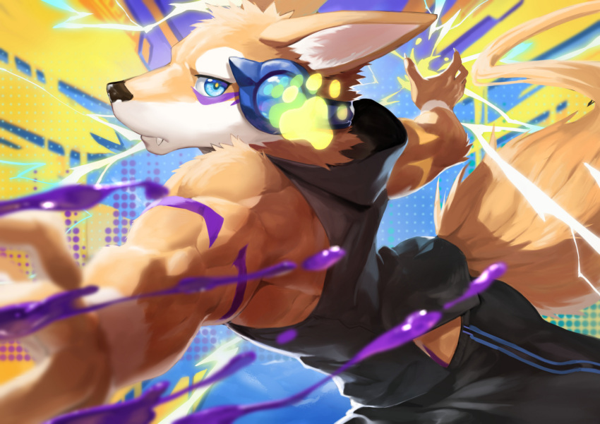 abstract_background anthro black_bottomwear black_clothing black_nose black_pants black_topwear blue_eyes bottomwear canid clothed clothing fangs fur head_tuft headphones hi_res looking_at_viewer male mammal mouth_closed neck_tuft orange_body orange_fur pants shoulder_tuft solo t.y.stars teeth topwear tuft white_body white_fur