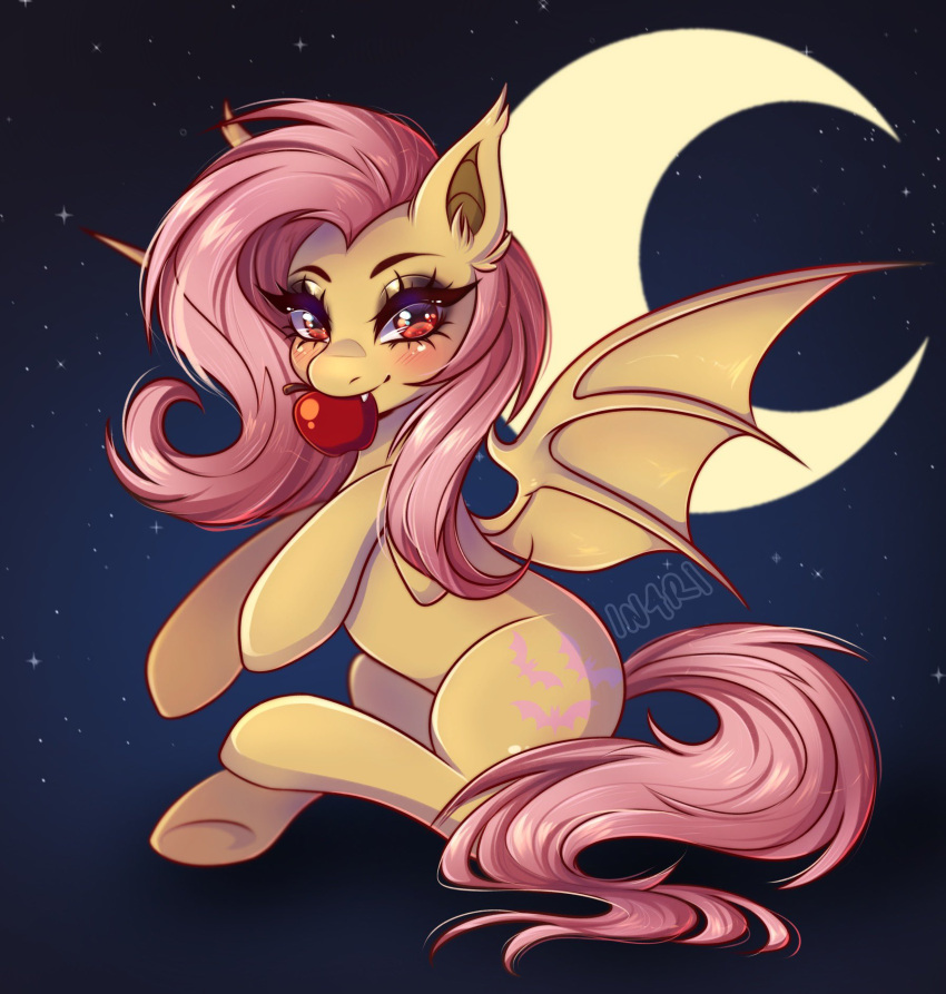 apple bat_pony bat_wings blush cutie_mark digital_media_(artwork) ear_tuft equid eyelashes female feral flutterbat_(mlp) fluttershy_(mlp) food friendship_is_magic fruit fur hair hasbro hi_res hooves in4ri long_hair long_tail mammal membrane_(anatomy) membranous_wings moon mouth_hold my_little_pony pink_hair pink_tail plant red_eyes smile solo tail tuft underhoof vampire wing_claws wings yellow_body yellow_fur