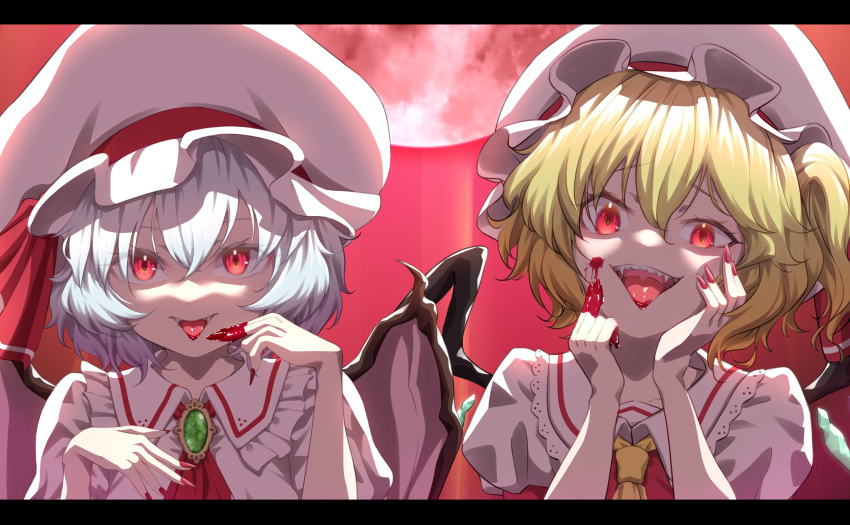 2girls ascot backlighting bat_wings blonde_hair blue_hair collared_shirt dark_background fangs fingernails flandre_scarlet frilled_shirt_collar frills girouette00 glowing glowing_eyes gradient_background green_brooch hair_between_eyes hat hat_ribbon highres large_hat long_fingernails looking_at_viewer mob_cap moon multicolored_wings multiple_girls nail_polish open_mouth puffy_short_sleeves puffy_sleeves red_ascot red_background red_eyes red_moon red_nails red_ribbon red_vest remilia_scarlet ribbon sharp_fingernails shirt short_hair short_sleeves siblings sisters teeth touhou upper_body upper_teeth_only vest white_headwear white_shirt wings yellow_ascot
