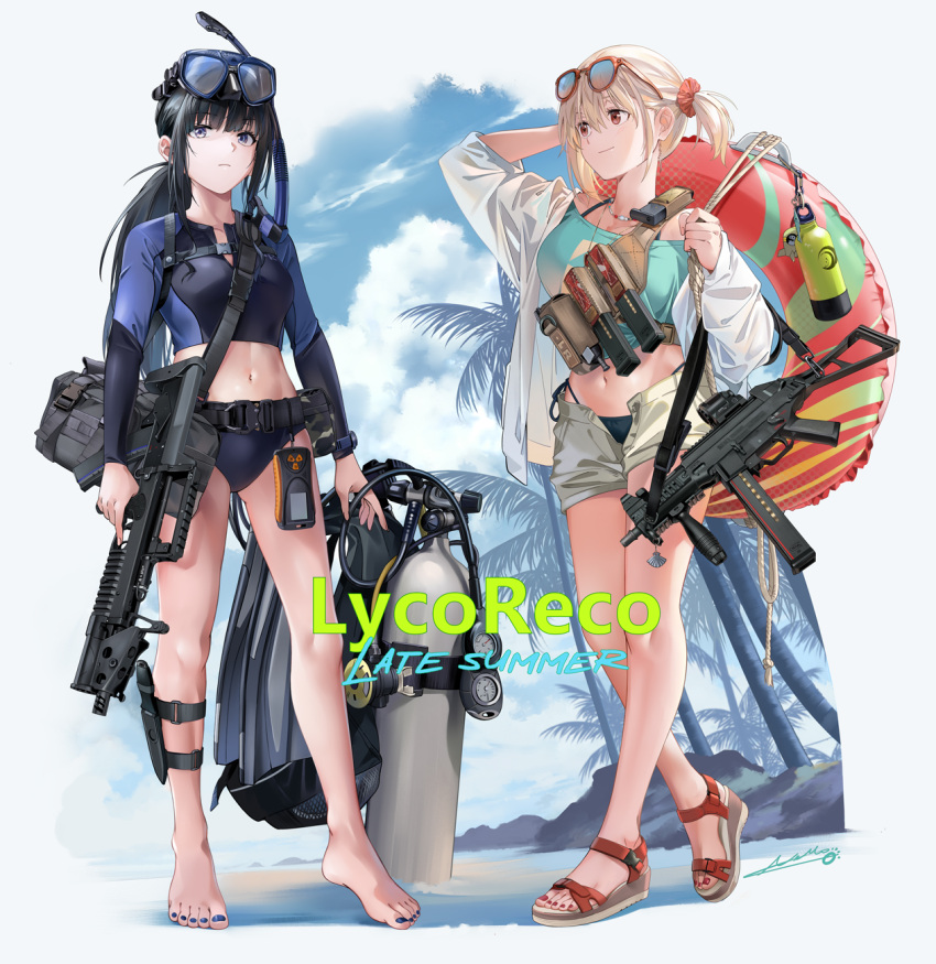 2girls barefoot bikini black_hair blonde_hair blue_nails blue_sky breasts cloud day eyewear_on_head full_body goggles goggles_on_head gun hair_ornament hair_scrunchie highres holding holding_gun holding_weapon inoue_takina large_breasts long_hair lycoris_recoil medium_breasts multiple_girls nail_polish navel neko_(yanshoujie) nishikigi_chisato one_side_up open_clothes open_fly open_shirt outdoors purple_eyes red_eyes red_nails red_scrunchie sandals scrunchie shirt short_hair shorts sky smile standing submachine_gun sunglasses swimsuit toenail_polish toenails toes weapon weapon_request white_shirt white_shorts