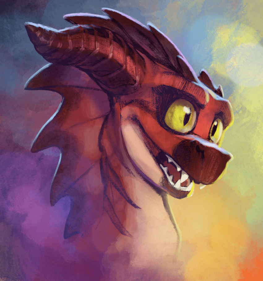 activision ambiguous_gender black_eyes countershade_face countershade_neck countershading dragon feral frill_(anatomy) gradient_background hi_res horn khyaber looking_away open_mouth portrait pupils red_body red_horn red_scales scales sharp_teeth simple_background slit_pupils smile snout solo spyro_the_dragon striped_body striped_scales stripes teeth white_body white_scales yellow_sclera