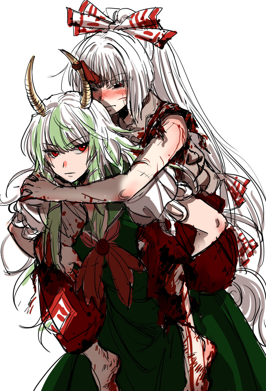 absurdres baggy_pants barefoot blood blush bow carrying dress fujiwara_no_mokou green_dress green_hair hakutaku highres hime_cut horns kamishirasawa_keine kamishirasawa_keine_(hakutaku) kuya_(hey36253625) long_hair ofuda ofuda_on_clothes pants piggyback red_bow red_eyes red_pants red_ribbon ribbon shirt torn_clothes touhou very_long_hair white_hair white_shirt