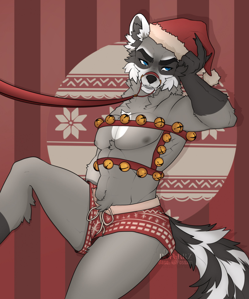 anthro azban basic.boku christmas christmas_clothing christmas_headwear clothing headgear headwear hi_res holidays leash male mammal muzzle_(object) procyonid raccoon solo