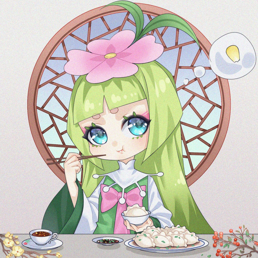 1girl :t antenna_hair blue_eyes blunt_bangs bow bowl chibi chopsticks closed_mouth corn cup diagonal_bangs dress dress_bow dumpling eating flower food green_dress green_hair grey_background hair_flower hair_ornament hands_up high_collar highres holding holding_bowl holding_chopsticks jiaozi kumu_zaisheng long_hair looking_to_the_side pink_bow pink_flower plate qili_(xiao_huaxian) round_window solo table thought_bubble upper_body white_sleeves wide_sleeves window xiao_huaxian