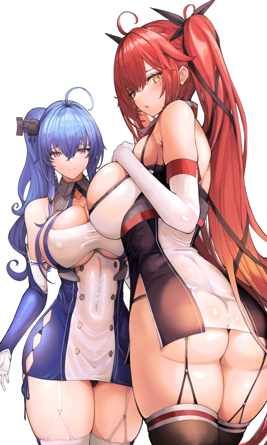 2girls ass azur_lane bare_shoulders black_ribbon blush breasts cameltoe dress elbow_gloves garter_straps gloves hair_between_eyes hair_ornament hair_ribbon highres honolulu_(azur_lane) large_breasts long_hair looking_at_viewer micro_panties multiple_girls off-shoulder_dress off_shoulder panties parted_lips purple_eyes red_eyes red_hair revision ribbon see-through side_ponytail sidelocks st._louis_(azur_lane) thick_thighs thighhighs thighs thong twintails underwear very_long_hair yusha_m