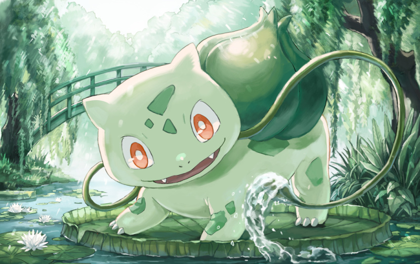 animal_focus azumikano bridge bright_pupils bulbasaur claws fangs flower lily_pad no_humans nostrils open_mouth plant pokemon pokemon_(creature) red_eyes river solo splashing sunlight tree vines water_drop white_flower white_pupils