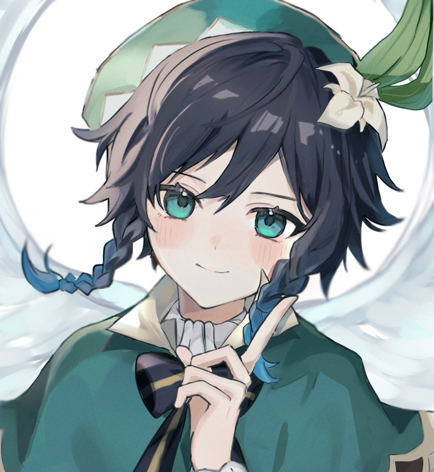 1boy @lm angel_wings aqua_eyes black_hair blue_hair blush braid cape closed_mouth feather_hair_ornament feathered_wings feathers flower genshin_impact green_cape green_feathers green_headwear grey_background hair_flower hair_ornament head_tilt highres long_sleeves low_twin_braids male_focus medium_hair multicolored_hair shirt smile solo twin_braids venti_(genshin_impact) white_flower white_shirt wings