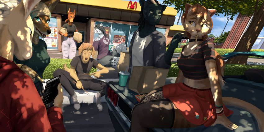 2:1 absurd_res accessory anthro axislewdsrep bea_(axislewdsrep) beverage beverage_can biped bird_dog black_body black_fur black_hair bottomwear braided_hair brown_body brown_fur brown_hair canid canine canis car choker claire_(axislewdsrep) clothed clothing colored crop_top curb cutoffs dante_(axislewdsrep) darcy_(axislewdsrep) denim denim_bottomwear denim_clothing dobermann dom_(axislewdsrep) domestic_cat domestic_dog dreadlocks drumming_stick eyelashes fast_food felid feline felis fishnet fishnet_gloves fishnet_handwear fishnet_legwear food food_in_mouth footwear fries fur gloves golden_retriever group hair hair_accessory hair_tie handwear hare hi_res highlights_(coloring) holding_food holding_object hoodie hunting_dog inner_ear_fluff jackal jacket james_(axislewdsrep) jeans jewelry lagomorph legwear leporid long_hair loose_shirt mammal midriff neck_tuft necklace outside pantherine pants parking_lot percussion_mallet pinscher plant retriever sam_(axislewdsrep) shaded shirt shoes shorts sitting sitting_on_car snow_leopard soda spots standing street suburbs tail tan_body thigh_highs tied_hair topwear torn_bottomwear torn_clothing torn_jeans torn_pants tree trunk tuft under_shade vehicle wristband