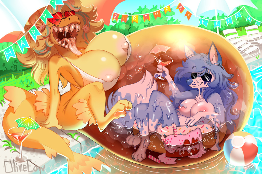 2023 absurd_res alcohol anthro ball banner beach_ball belly beverage big_belly big_breasts bikini bikini_aside bikini_top birthday bodily_fluids breasts cake canid canine canis chilling clothing clothing_aside cocktail cocktail_glass container cup dessert detailed_background digital_media_(artwork) doughnut drinking_glass duo english_text equid equine eyewear female female/female food food_in_stomach glass glass_container glass_cup grass heart_glasses hi_res horse huge_breasts hybrid hyper hyper_belly hyper_breasts inflatable inside_stomach mammal misty_(erikaispanlol) mouth_shot nipples olive_cow open_mouth organs plant pony pool pool_chair poolside roosie_(walroose) shark_tail sitting smile stomach stomach_acid sunglasses swimwear swimwear_aside text tongue tree vore water watermark wolf