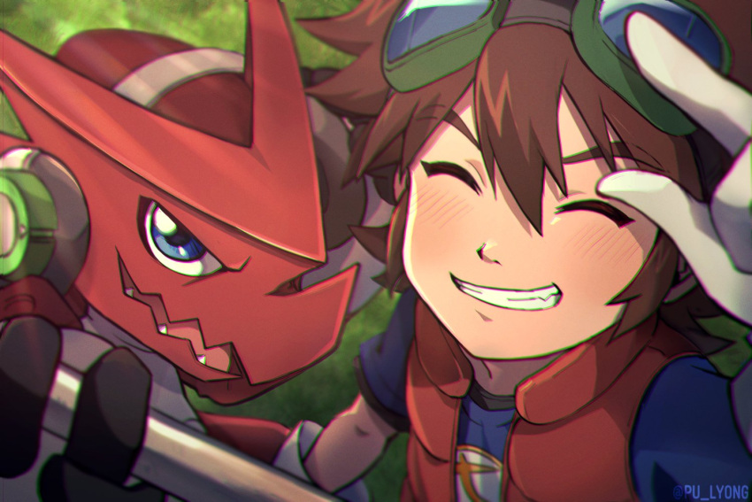1boy blue_eyes blue_shirt blush brown_hair closed_eyes digimon digimon_(creature) gloves goggles goggles_on_head grass grin kudou_taiki looking_at_viewer open_clothes open_mouth open_vest pu_lyong red_vest sharp_teeth shirt short_hair short_sleeves shoutmon smile teeth upper_body vest white_gloves