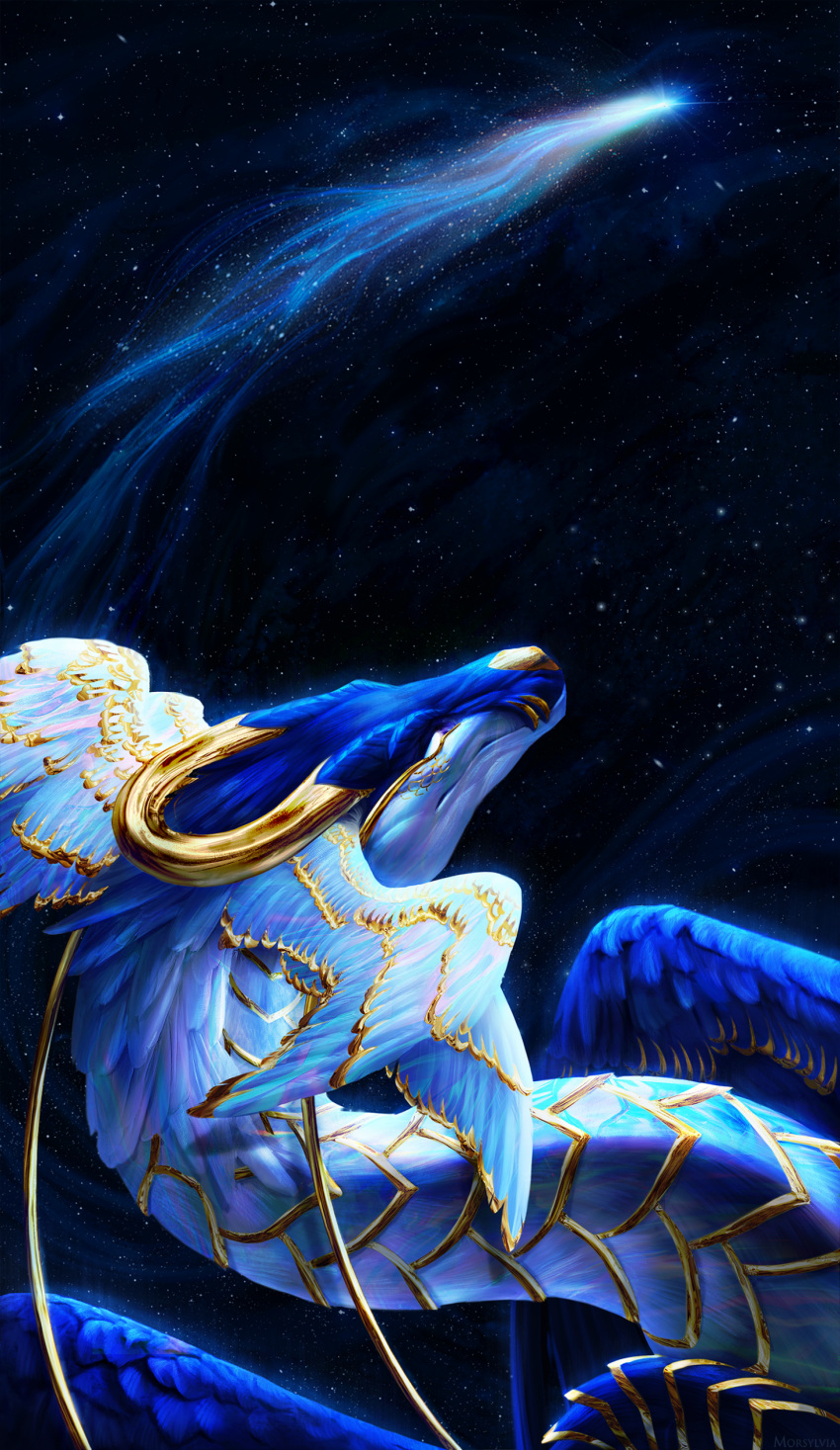 2023 absurd_res ambiguous_gender blue_body blue_scales cosmic_background digital_media_(artwork) dragon feathered_dragon feathered_wings feathers feral hi_res morsylvia scales solo wings