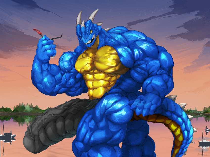 5_fingers absurd_res anthro big_muscles big_penis biped black_penis blue_body bruce892741 butt dragon erection fingers flexing flexing_bicep genitals glistening glistening_body hi_res horn huge_muscles huge_penis hyper hyper_genitalia hyper_muscles hyper_penis lake macro male muscular muscular_anthro muscular_male nude partially_submerged penis solo spiked_tail spikes spikes_(anatomy) sunset teeth thick_penis vein veiny_muscles veiny_penis yellow_eyes