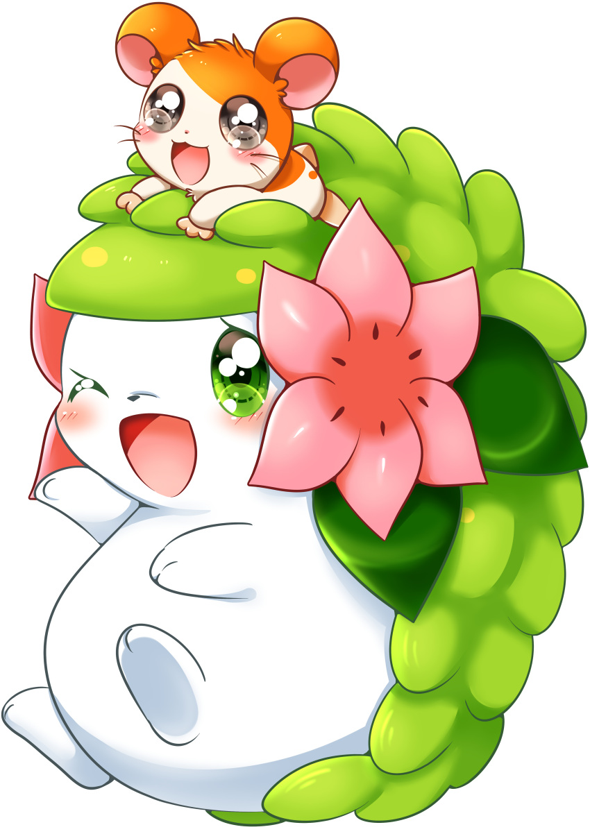 absurd_res aimia492 ambiguous_gender blush carrying cricetid duo feral fur generation_4_pokemon green_body green_eyes hamster hamtaro hamtaro_(series) hi_res land_forme_shaymin legendary_pokemon male mammal nintendo on_head orange_body orange_fur pokemon pokemon_(species) rodent shaymin simple_background tan_body tan_fur white_background white_body