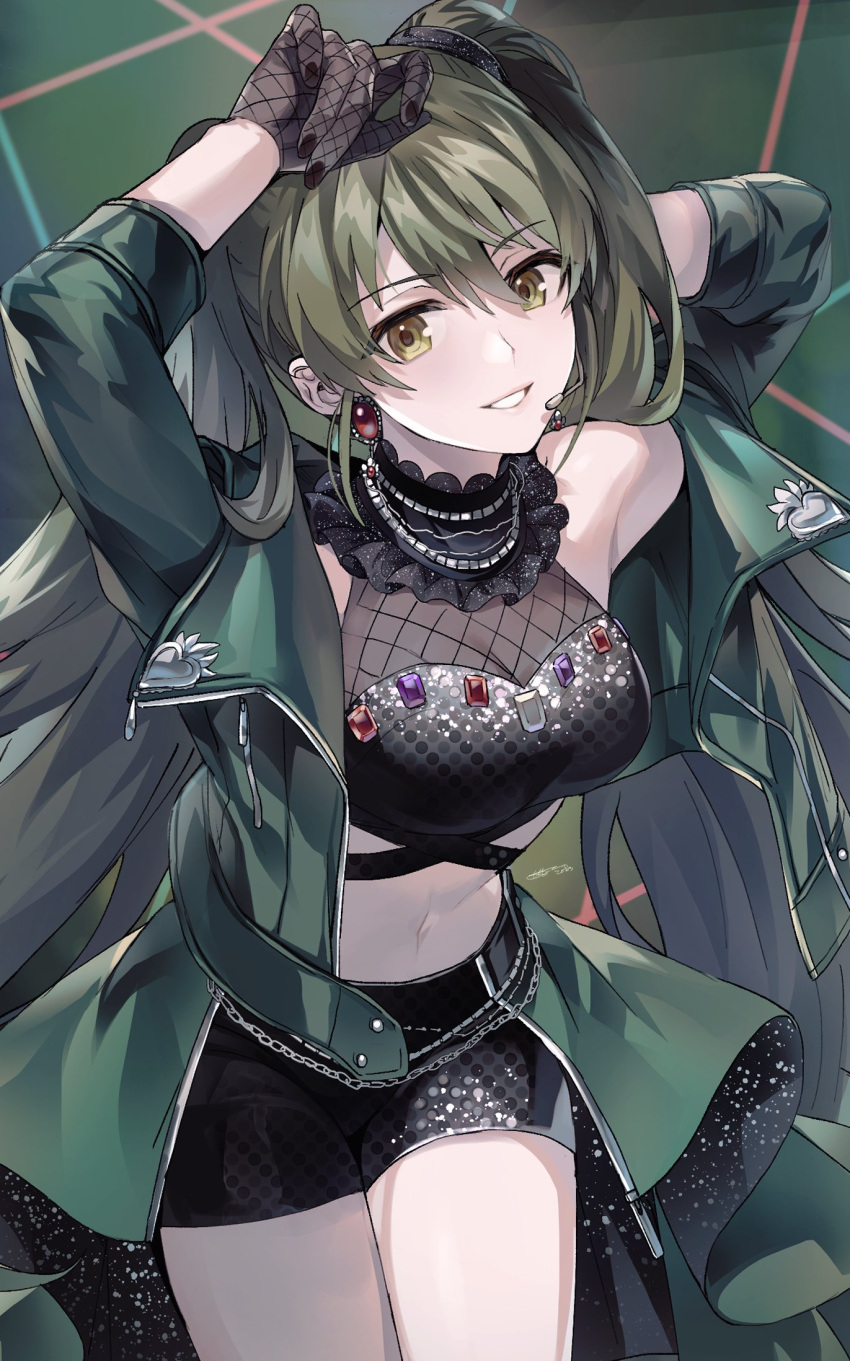 1girl armpits artist_name black_nails black_shorts bow breasts chain choker cleavage crop_top earrings fishnet_gloves fishnets frilled_choker frills gloves green_eyes green_hair green_jacket highres idolmaster idolmaster_shiny_colors jacket jacket_partially_removed jewelry kwanmaengg long_hair looking_at_viewer medium_breasts microphone midriff nanakusa_nichika navel necklace open_mouth see-through short_shorts shorts smile solo thighs