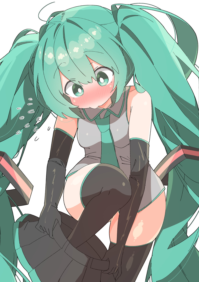 absurdres changing_clothes green_eyes green_hair hatsune_miku highres pleated_skirt skirt thighhighs twintails uruti_2388 vocaloid