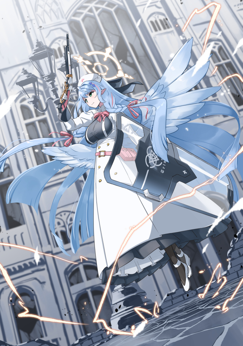 1girl angel_wings belt_pouch black_pantyhose blue_archive blue_hair braid breasts dress energy gloves green_eyes gun halo hat highres holding holding_gun holding_weapon lamppost large_breasts lever_action long_dress long_hair mine_(blue_archive) nurse_cap pantyhose pointy_ears pouch riot_shield shield shotgun twin_braids weapon white_gloves wings yuuichi_(reductionblack)