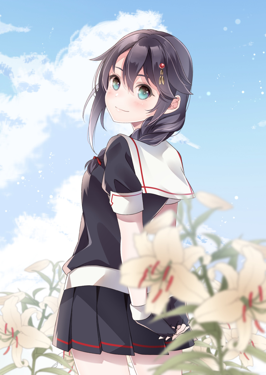 1girl absurdres ahoge black_gloves black_hair black_serafuku black_shirt black_skirt blue_eyes blue_sky blurry braid cloud commentary_request cowboy_shot day depth_of_field fingerless_gloves flower from_behind gloves hair_flaps hair_over_shoulder highres kantai_collection kukimaru long_hair looking_at_viewer looking_back outdoors pleated_skirt school_uniform serafuku shigure_(kancolle) shirt single_braid skirt sky solo