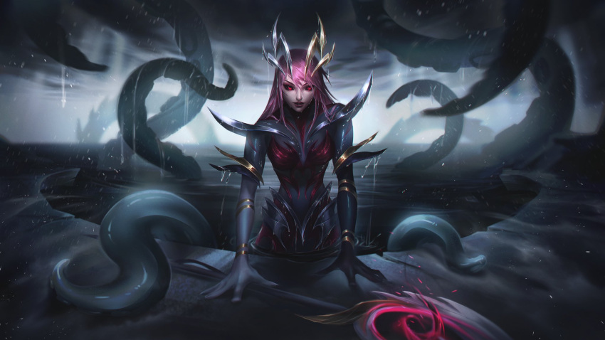 1girl armlet black_bodysuit black_sclera bodysuit bracelet breasts cloud colored_sclera coven_nami highres jewelry large_breasts league_of_legends long_hair monster_girl nami_(league_of_legends) official_alternate_costume outdoors partaytoes pink_hair rain red_eyes scylla staff tentacles water wet wet_clothes wet_hair
