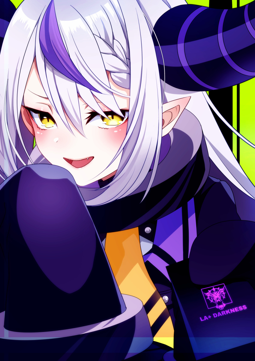 1girl ascot black_horns braid braided_bangs character_name coat coat_dress collar demon_horns fangs grey_hair highres hololive horns itsuki_keiichi la+_darknesss la+_darknesss_(1st_costume) looking_at_viewer metal_collar multicolored_hair pointy_ears purple_coat purple_hair sleeves_past_fingers sleeves_past_wrists solo streaked_hair striped_horns virtual_youtuber yellow_ascot