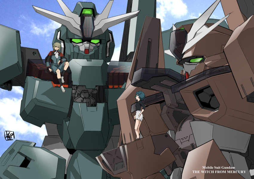 1boy 1girl black_shirt black_socks blue_hair breasts copyright_name elan_ceres green_eyes green_hair grey_footwear gundam gundam_lfrith_thorn gundam_lfrith_ur gundam_suisei_no_majo highres mecha norea_du_noc robot science_fiction shirt shorts sitting small_breasts smile socks v-fin white_shorts yanase_takayuki