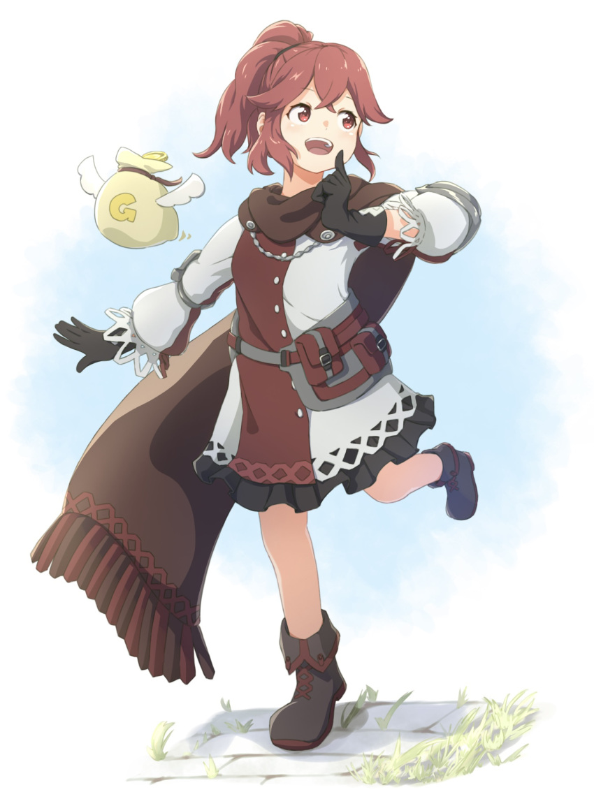 1girl :d anna_(fire_emblem) black_footwear black_gloves brown_cape cape coin crossed_bangs dress fire_emblem fire_emblem_engage full_body gloves gold_coin highres index_finger_raised leg_up long_sleeves looking_to_the_side money_bag open_mouth ponytail red_dress red_eyes red_hair smile solo teeth tekology two-tone_dress upper_teeth_only white_dress wings