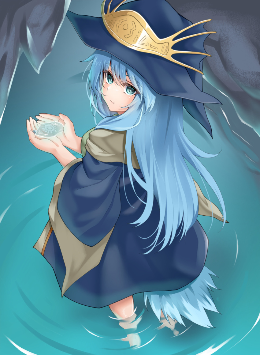 1girl ariel_(yu-gi-oh!) blue_eyes blue_hair cupping_hands duel_monster gishki_ariel hat highres holding_water long_hair long_sleeves looking_at_viewer nobea own_hands_together pom_pom_(clothes) robe solo stalactite wading wide_sleeves witch_hat yu-gi-oh!