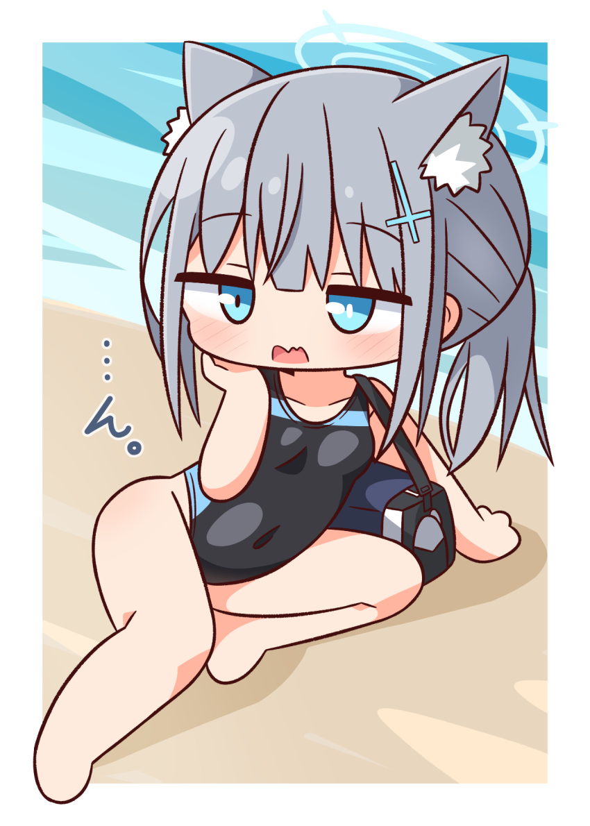 1girl animal_ear_fluff animal_ears bag bangs bare_arms bare_legs bare_shoulders barefoot beach black_one-piece_swimsuit blue_archive blue_eyes blush breasts collarbone covered_navel day duffel_bag full_body grey_hair hair_ornament halo hana_kazari highres official_alternate_costume on_ground one-piece_swimsuit open_mouth outdoors ponytail revision sand shiroko_(blue_archive) shiroko_(swimsuit)_(blue_archive) small_breasts solo swimsuit water wavy_mouth wolf_ears