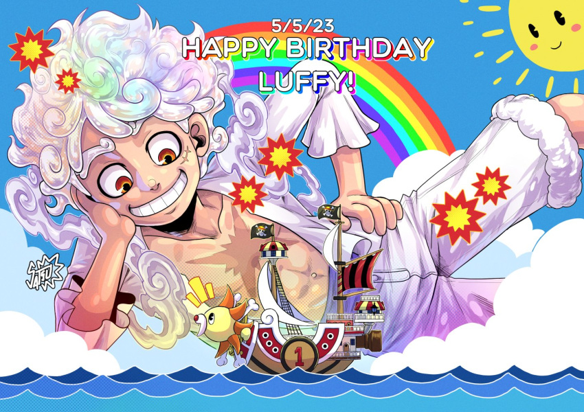 1boy abs artist_logo birthday character_name dated day elbow_rest fur-trimmed_shorts fur_trim gear_fifth giant giant_male grin hand_on_own_cheek hand_on_own_face hand_on_own_hip happy_birthday head_rest jolly_roger looking_at_another lying male_focus monkey_d._luffy navel on_side one_piece open_clothes open_shirt outdoors pirate_ship rainbow red_eyes satsu_(satsscarlet) scar scar_on_cheek scar_on_chest scar_on_face ship shirt shorts size_difference skull_and_crossbones smile spoilers steam stomach straw_hats_jolly_roger thousand_sunny toned toned_male watercraft white_hair white_shirt white_shorts