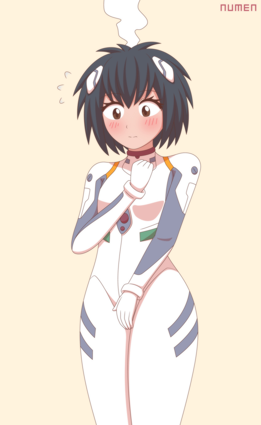 1girl :| absurdres artist_name ayanami_rei ayanami_rei_(cosplay) black_hair blush bodysuit breasts brown_eyes closed_mouth commentary cosplay covering covering_crotch cowboy_shot embarrassed english_commentary eyelashes flying_sweatdrops full-face_blush hair_between_eyes hand_on_own_chest head_steam highres interface_headset looking_ahead marvel neon_genesis_evangelion numen peni_parker pilot_suit plugsuit short_hair simple_background small_breasts solo spider-man:_into_the_spider-verse spider-man_(series) standing steam very_short_hair wavy_mouth white_bodysuit yellow_background