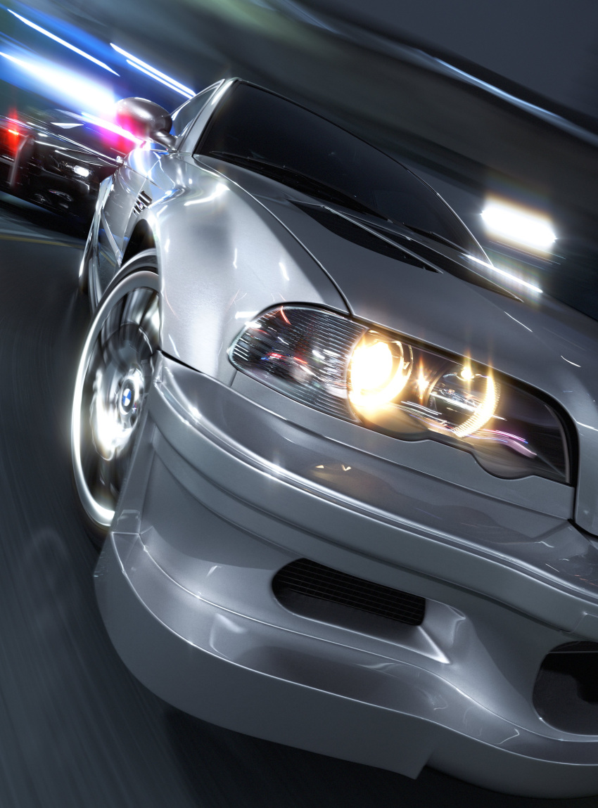 3d absurdres blender_(medium) bmw bmw_m3 car dodge_(company) dodge_charger erik-m1999 glowing headlight highres motion_blur motor_vehicle no_humans original police_car vehicle_focus