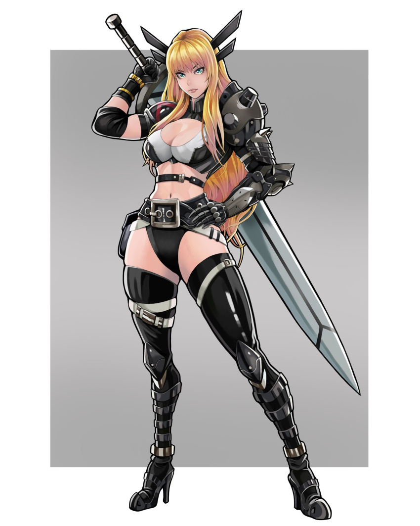 1girl blonde_hair boots breasts buckle cleavage_cutout clothing_cutout crop_top full_body green_eyes highleg_shorts highres huge_weapon illyana_rasputina long_hair magik_(x-men) marvel medium_breasts midriff simple_background solo standing sword thigh_boots to-ru vambraces weapon