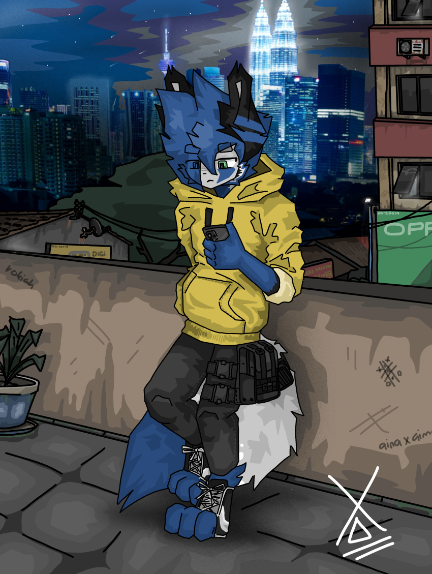 absurd_res blue_hair building canid canine chilling clothing detailed_background fox fur grey_body grey_fur hair hi_res holding_object holding_phone hoodie hz(hz_foxy) hz_foxy kuala_lumpur male mammal phone simple_background solo solo_focus textured_background topwear yellow_clothing yellow_hoodie yellow_topwear