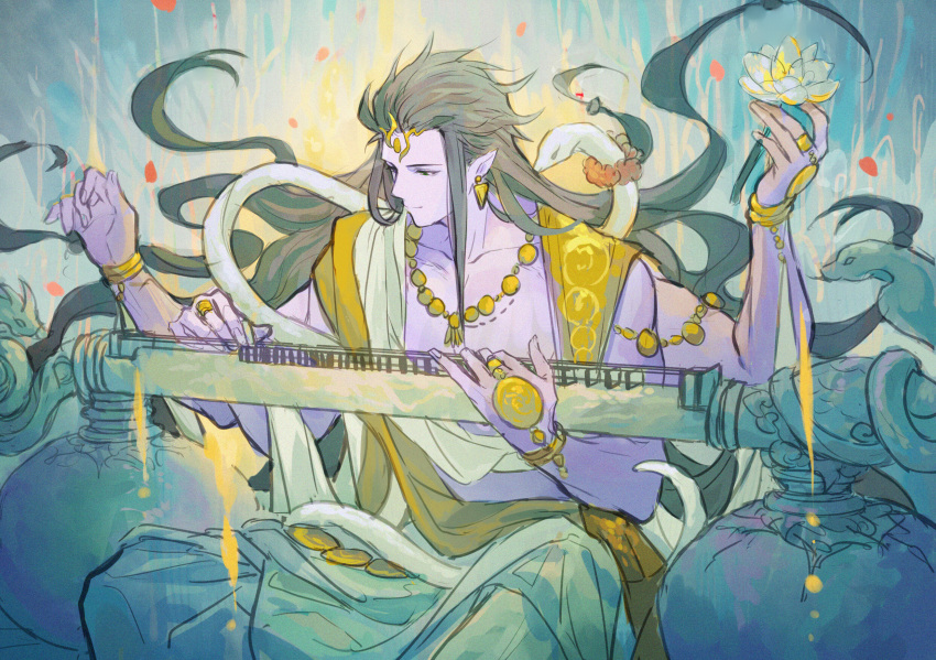 1boy black_hair bracelet colored_skin earrings extra_arms falling_petals flower granblue_fantasy highres holding holding_flower holding_instrument instrument japanese_clothes jewelry kimono lalatia-meai long_hair lotus male_focus music necklace official_alternate_costume petals playing_instrument pointy_ears purple_skin ring shiva_(granblue_fantasy) shiva_(summer)_(granblue_fantasy) sitting snake solo white_kimono white_lotus white_snake